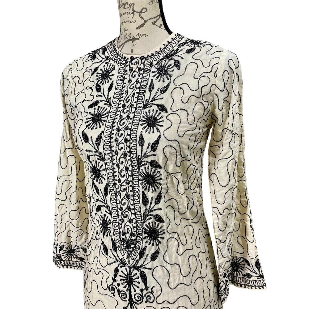 Vintage 70s Kaftan Maxi Dress Cream Black Geometric Embroidered Size Small - Picture 2 of 13